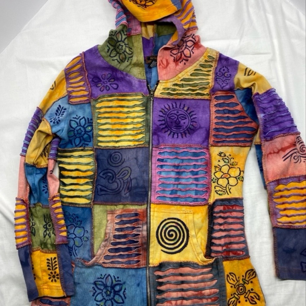 Rising International Boho Patchwork Zip Up Hoodie Nepal Hippie Festival Medium